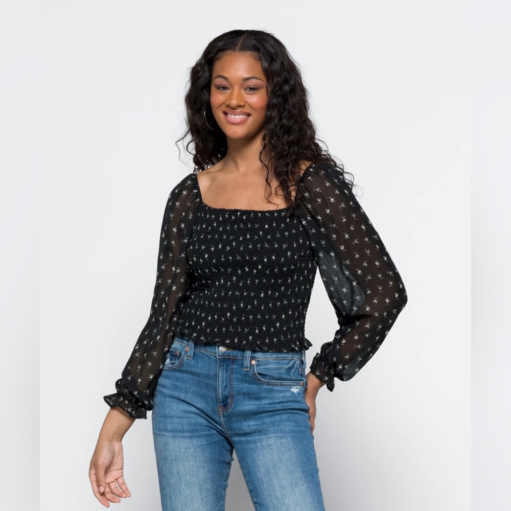 Lush Black with White Flowers Reyna Smocked Blouse